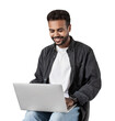 © kite_rin - Portrait of handsome smiling young man with laptop computer isolated transparent PNG, Joyful cheerful casual businessman looking at laptop