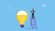 © Saklarboy - Smart businessman on ladder watering to fill in liquid in idea light bulb. Idea development, creativity genius or knowledge to think about new business idea, skill improvement or career growth.