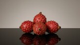 A cluster of five entire exotic brown salak fruits displayed on a reflective black surface