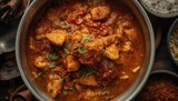 A top-down view of a fiery and tangy fish curry made with coconut milk and red chili flakes, featuring barracuda in a traditional Asian recipe.