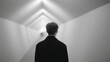 © AI Petr Images - Monochrome hallway wander, introspective Caucasian male, labyrinthine thoughts, aligning for April Fools' intrigue, embracing World Laughter Day