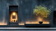 © horizon - Moody, photorealistic shot of a modern dark-facade storefront at dusk. A single potted tree is illuminated in the display window, creating an elegant feel.