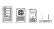 © mahafuza - Set of computer server racks cooling units network routers and devices outline drawings vector