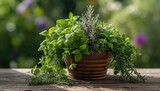 Fresh green herbs including mint, thyme, and rosemary in a garden setting