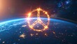 © Attala Rizky - Peace on Earth Through Science. Glowing Atomic Structure Forming Peace Sign Floating Above the Planet. World Science Day Theme