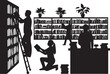 © MD TOHIR - People silhouette working together in library organizing bookshelf learning and reading