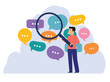 © danijelala - Social listening and market research concept. A man with a magnifying glass analyzing customer feedback from comments and speech bubbles.
