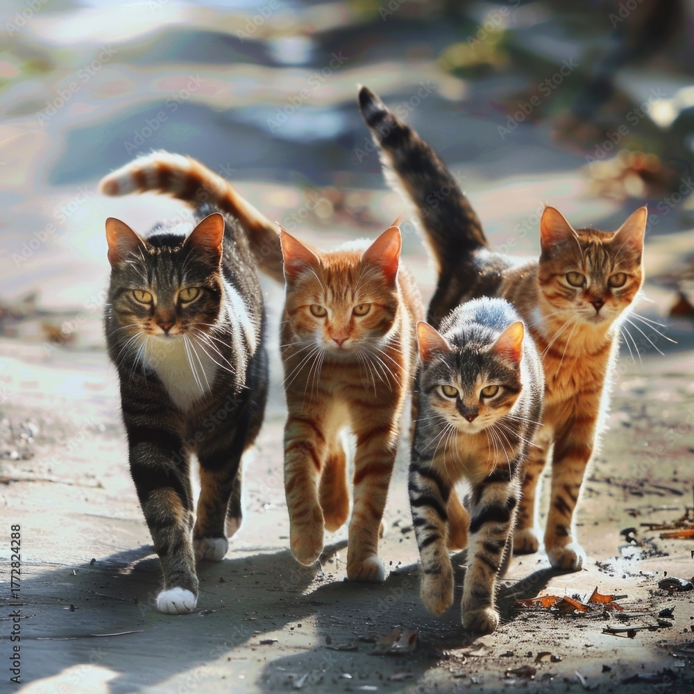 Group of cats walking side by side on the street in a cute pose. Stock ...