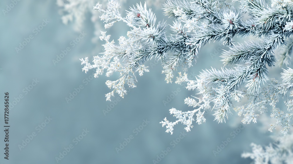 Detailed Frosted Pine Branch with Snowflakes in a Winter Scene Emphasizing Negative Space for Festive Holiday Designs