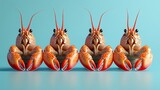 A row of four orange crustaceans with claws and antennae against a light blue wall