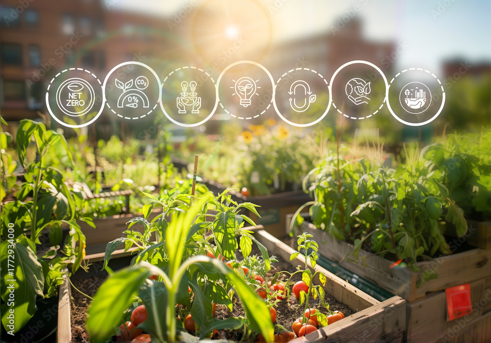 featuring circular icons for carbon reduction, clean energy ...