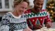 © Ingvar Shelly - christmas cookie decorating, friends wearing fun holiday sweaters decorate sugar cookies in a festive kitchen, capturing an authentic party atmosphere for a lifestyle commercial