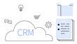 © robu_s - Cloud labeled CRM connected to chat bubbles, lightbulb, shopping cart, gear. Documents and box nearby. Ideal for business, customer relationship, data tools, e-commerce innovation organization