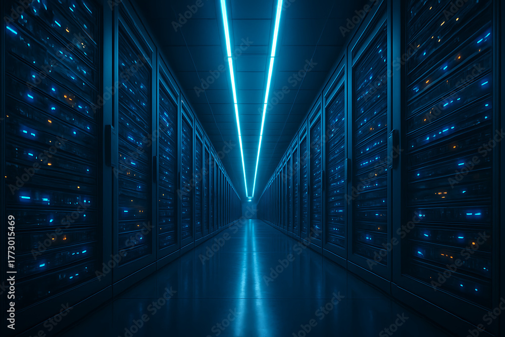 Symmetrical, dark server room corridor with endless rows of data racks ...