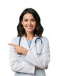 © Man PNG - Smiling female doctor in white coat pointing to the side isolated on transparent background