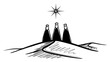 © Amelia - Minimal brush sketch of three wise men on desert dunes following the bethlehem star nativity christmas vector