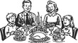 © Oly - Retro black ink illustration of smiling family at festive dinner table. Vintage holiday meal artwork.