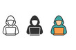 © SanyBRZ - Minimalist Hacker Icons. Minimalist hacker icon: three identical person with hood and laptop icons in a row, first in line style