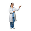 © Robi - Smiling female doctor in white lab coat pointing isolated on transparent background