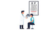 © Rohim - Eye exam An optometrist uses a phoropter to test a patients vision with an eye chart in the background