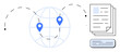 © robu_s - Globe with geolocation pins connected by dashed lines alongside stacked documents and a file. Ideal for global communication, networking, collaboration, file sharing, logistics, international trade