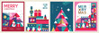 © LittleWhale - Set of Merry Christmas and Happy New Year vector illustration for greeting cards, posters, holiday covers in modern minimalist geometric style.