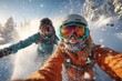 © spyrakot - Two Friends Skiing Down Snowy Slope in Vibrant Winter Adventure Selfie