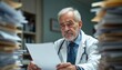 © Pete - Elderly doctor reviews patient chart amid piles of paperwork in his office. Physician looks tired, stressed, working late hours. Experienced medical pro faces bureaucracy challenges.