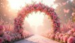 © Pete - Pink floral archway wedding scene in garden with blooming roses. Pathway leads through soft light with butterflies. Romantic bridal ceremony backdrop. Marriage celebration flower decor.