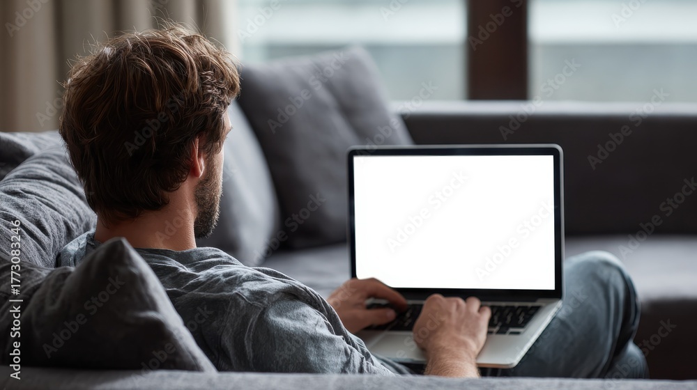 Young male tech user relaxing on sofa holding laptop computer mock up ...