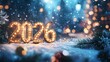 © Vitalii Shkurko - Glowing numbers show 2026 in the snow, creating a festive atmosphere. Soft snowflakes fall in the background, adding to the winter celebration mood with bright lights