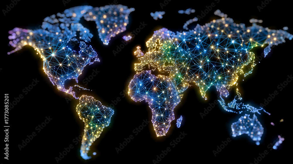 Global financial map illuminated with interconnected blockchain nodes ...