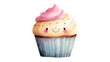 © Zanni - Watercolor cute cupcake with smiling face and pink frosting illustration transparent background