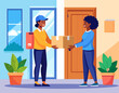 © Deva - A delivery woman in a blue cap hands a cardboard box to a woman in front of her house, with plants and doors in the background.