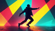 © Viktor - Dancer performs hip hop moves. Young man dances on vibrant color block background. Modern dance battle contest, artistic expression. Urban culture event flyer template. Motion in colorful studio art.