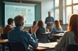 © Viktor - Students attend lecture in classroom. Man raises hand to answer question. Teacher gives lesson to diverse audience. Education setting involves learning, teaching, academic discussion. Back view of