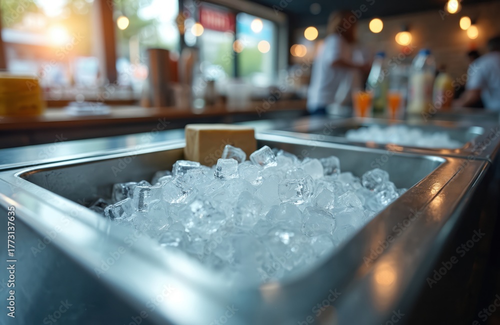 Commercial stainless steel ice bin full of clear cubes. Used in ...