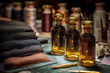 © Julian Adams - Runway Backstage Editorial With Sleek Amber Bottles And Couture-Gold Ribbons, Fabric Swatches, Tailor’s Chalk, Spotlight Rim Light, Fashion Beauty Still Life