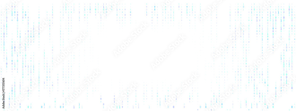 Digital rain of glowing green and blue binary code falling on a transparent background, symbolizing data, technology, and virtual reality concepts.