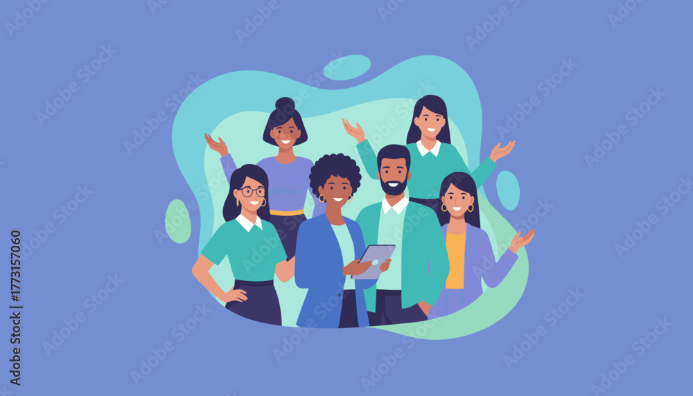 Diverse team of six smiling professionals in a modern business ...