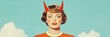 © Margarita Ratatosk - Caucasian woman with devil horns on her head, looking at the camera. Halloween costume party and celebration for event banner or invitation card.