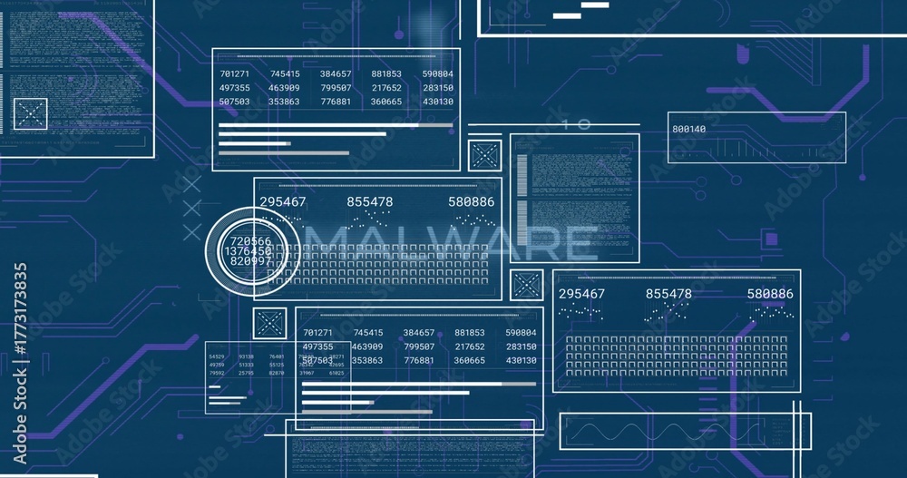 Displaying overlapping data panels on blue interface with numeric codes ...