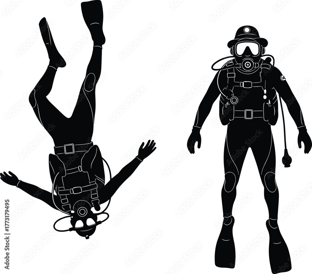 Scuba diver silhouette, underwater gear, diving posture, ocean ...