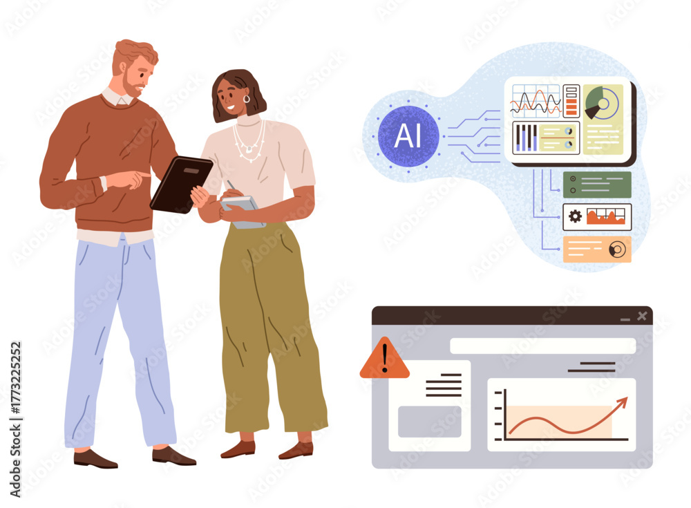 Two people analyzing data on tablets, AI insights visualized with ...