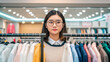 © AucArtStudio - Young woman in eyeglasses shopping low cost price gift budgetchristmasholidaynew year smiling in clothing store with colorful jacket rack and modern lights