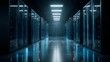 © sungedi - Rows of illuminated computer hardware cabinets stretch down a dark, modern data center aisle