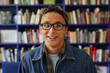 © Seventyfour - Portrait of boy with glasses and braces smiling at camera standing in front of bookshelf background, showing casual expression and relaxed posture