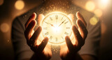Hands holding a glowing clock symbolizing time and magic