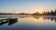 © Ucul - Serene Lake Sunrise: Boat, Dock, and Misty Reflections