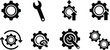© CreatAr8 - Digital Gear Icons. Outline icon set of digital gear symbols: settings gear, cogwheel, adjustment gear, control knob, gear with wrench, gear with screwdriver,